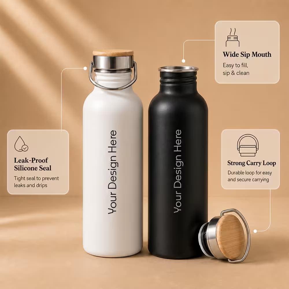 black and white bamboo lid bottles on wooden table