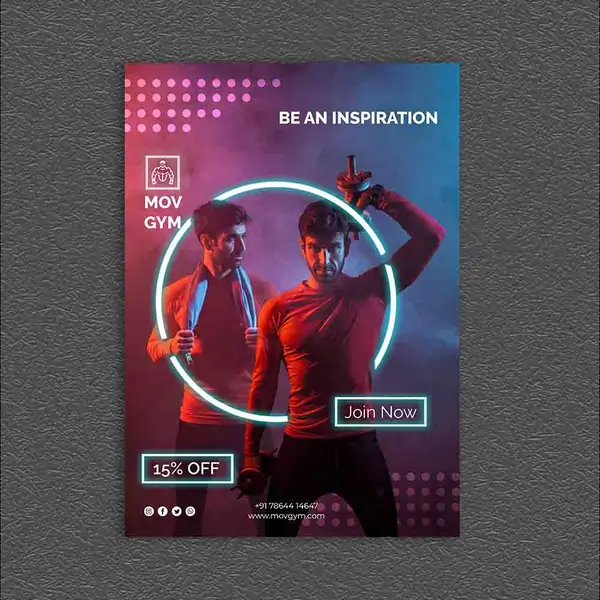 Neon-styled gym custom poster with a man lifting weights, featuring glowing blue circles and a "15% OFF" offer.