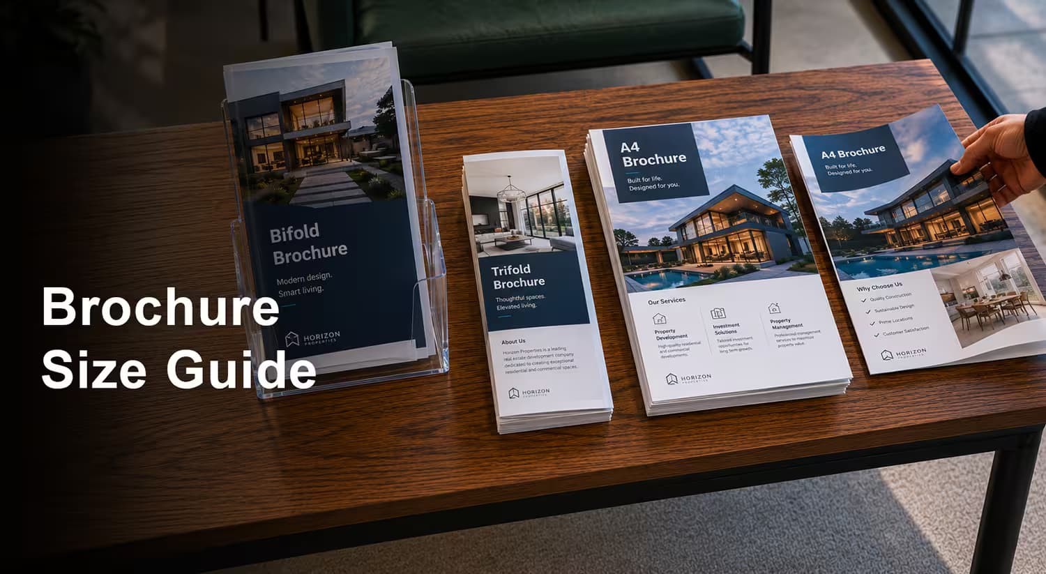 A banner image titled "Brochure Size Guide" displaying various real estate marketing materials on a premium wooden table.