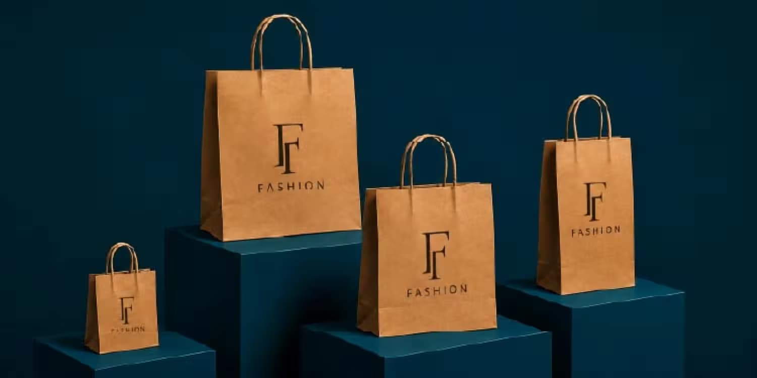 Four retail types of paper bags with "Fashion" logos displayed on dark blue pedestals.