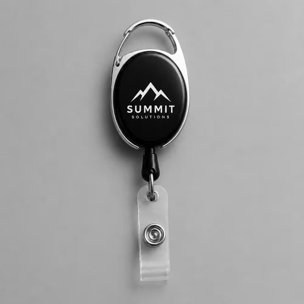 Black badge reel with clear ID strap and carabiner clip