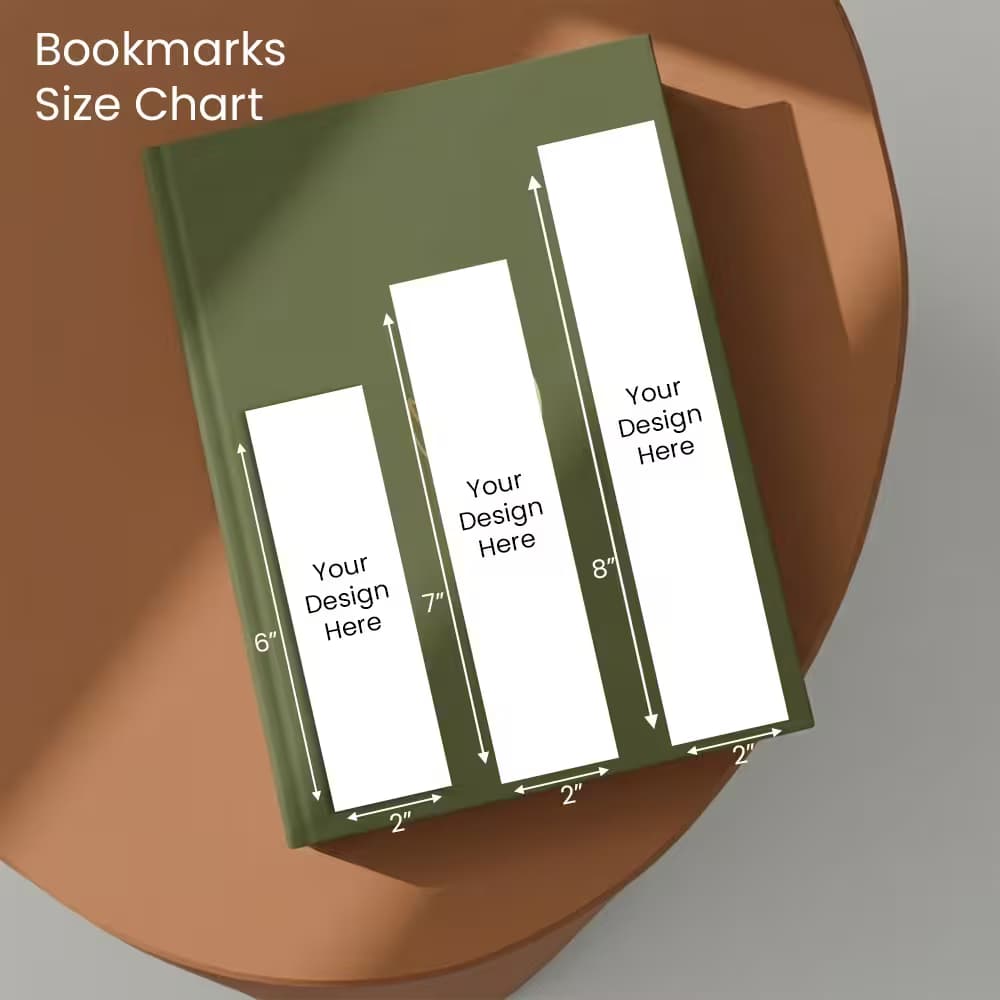 bookmark size chart showing 6, 7, and 8 inch sizes