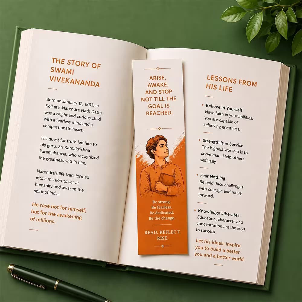standard bookmark featuring swami vivekananda quote
