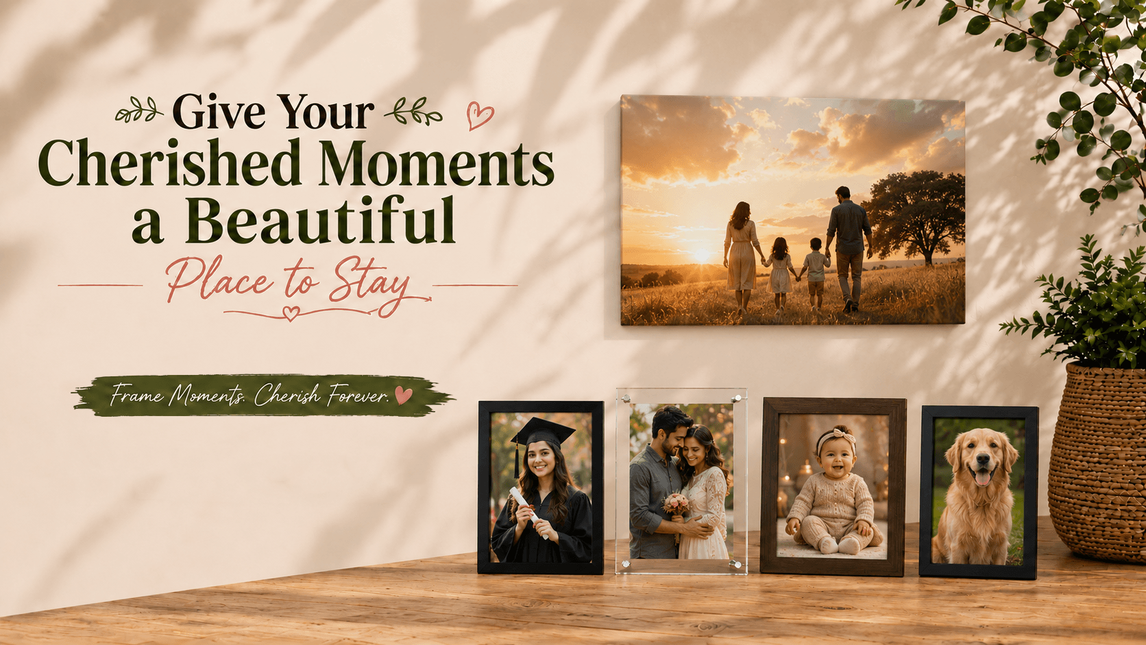 Creative photo frame ideas featuring family memories, graduation, wedding, baby, and pet photos displayed in stylish frames.