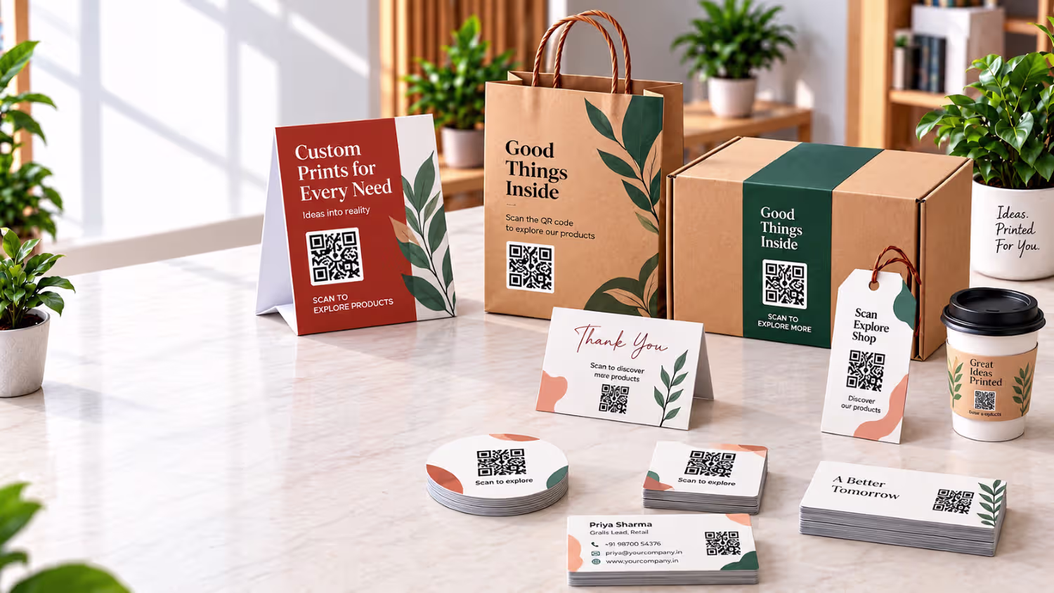 Custom promotional merchandise and packaging with professional QR code printing.