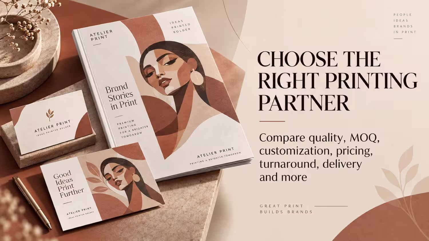 Graphic displaying brand collateral mockup alongside text explaining how to choose right printing partner based on quality, MOQ, customization, and pricing.
