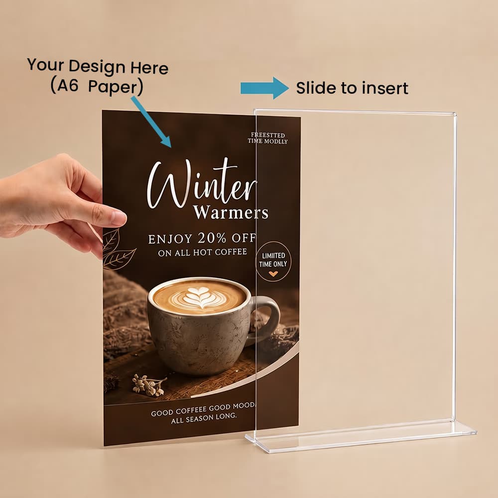 An A6 acrylic sign holder demonstrating how to slide an image flyer inside, featuring a winter coffee promotion design.