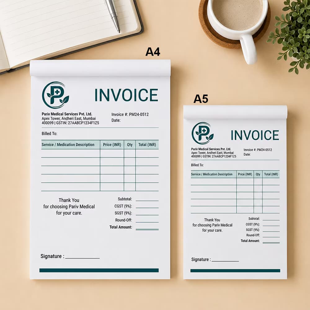 Custom Bill Books and invoice books displayed side by side in standard A4 and A5 paper sizes on a modern desk.