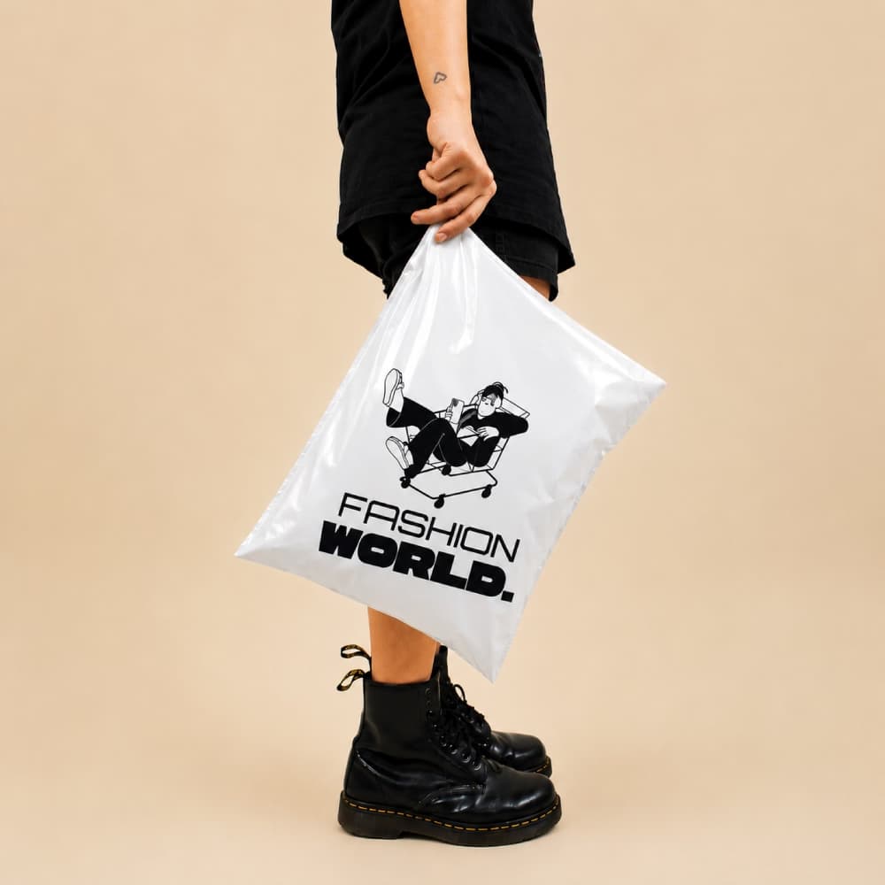 Side view of a person wearing black boots, holding a white custom poly mailer bag printed with a black shopping cart illustration.
