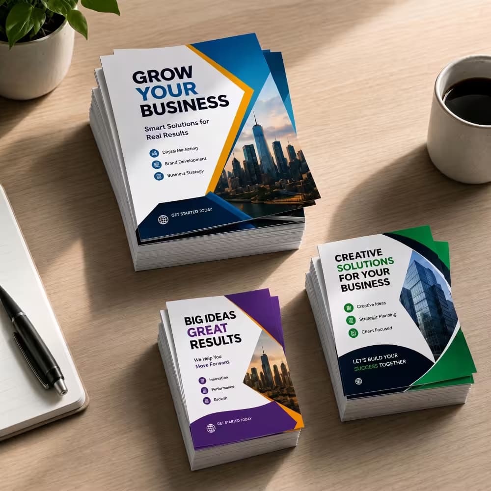 Three neat stacks of printed business flyers in various sizes and color themes, laid flat on a desk next to a pen and coffee cup.