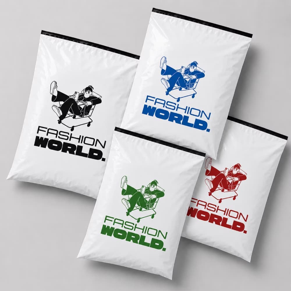 Flat lay of four white custom courier poly bags printed with a shopping cart illustration in black, blue, green, and red.