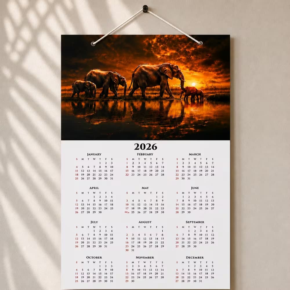 A 2026 poster calendar featuring a herd of elephants walking at sunset with a lake reflection.