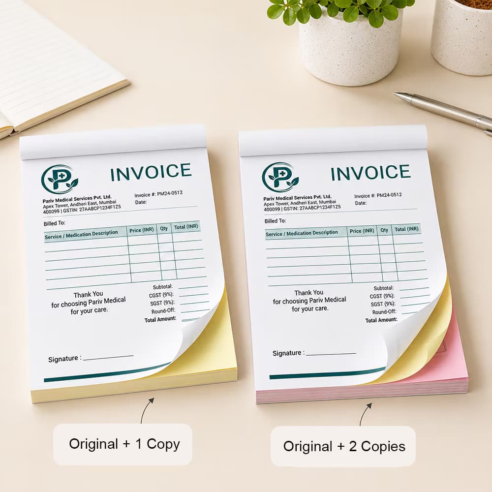 Custom Bill Books and invoice books showing original plus duplicate and triplicate copy options on a desk.