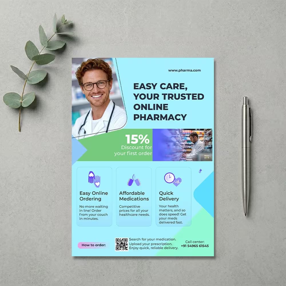 Custom Flyer Printing for an online pharmacy. Distribute Custom Leaflets to promote quick delivery and medicine discounts.