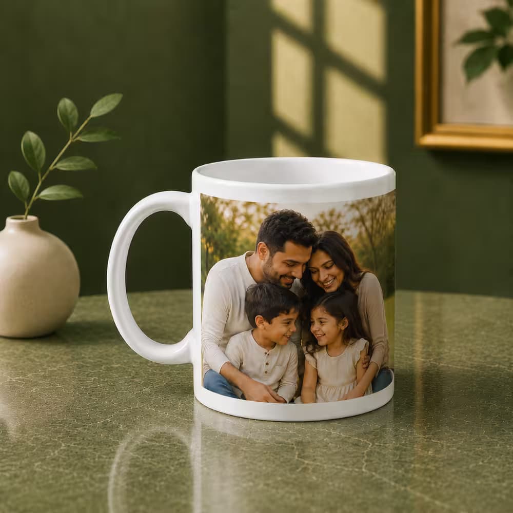 Personalized photo mug featuring a family picture, custom printed on a white ceramic mug