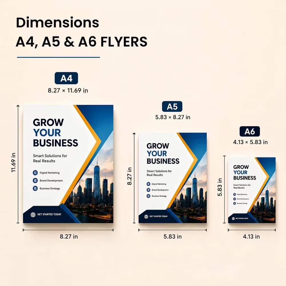 An infographic displaying A4, A5, and A6 size flyer dimensions with side-by-side corporate business flyer mockups.