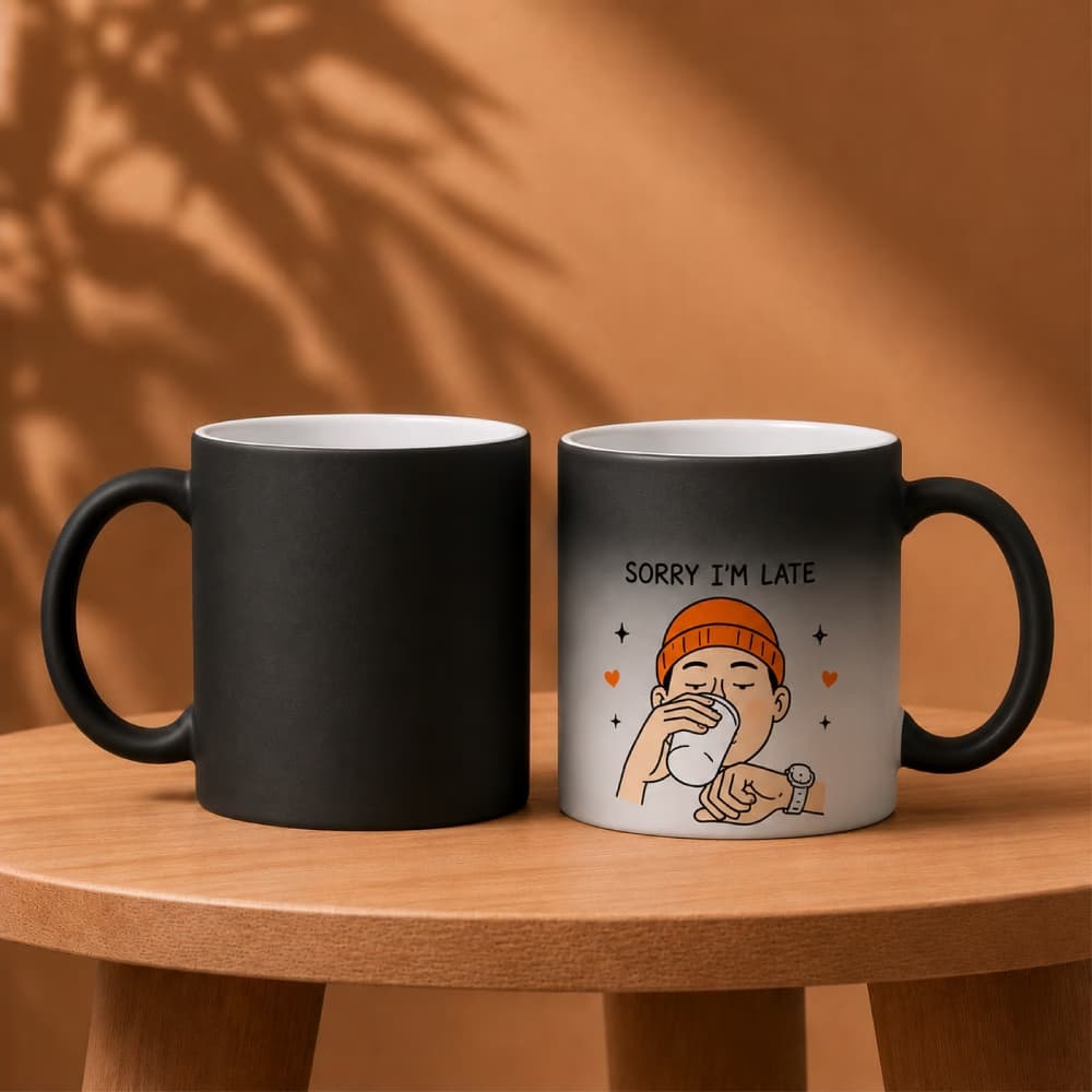 Two custom magic mugs on a table, showing one solid matte black mug and one heat-activated mug revealing a "Sorry I'm Late" design.