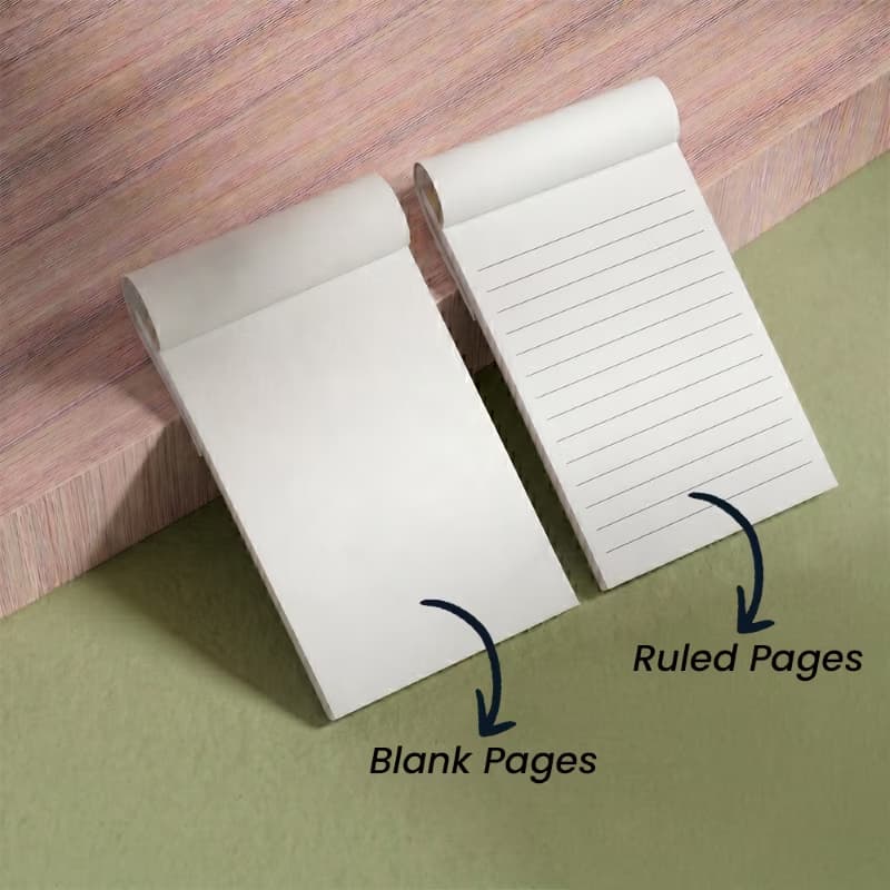 Custom writing pads product option graphic showcasing a side-by-side comparison of blank pages and ruled pages.