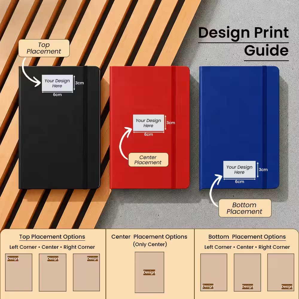 Print placement guide for personalized diaries showing top, center, and bottom logo printing positions with 6 × 3 cm print area.
