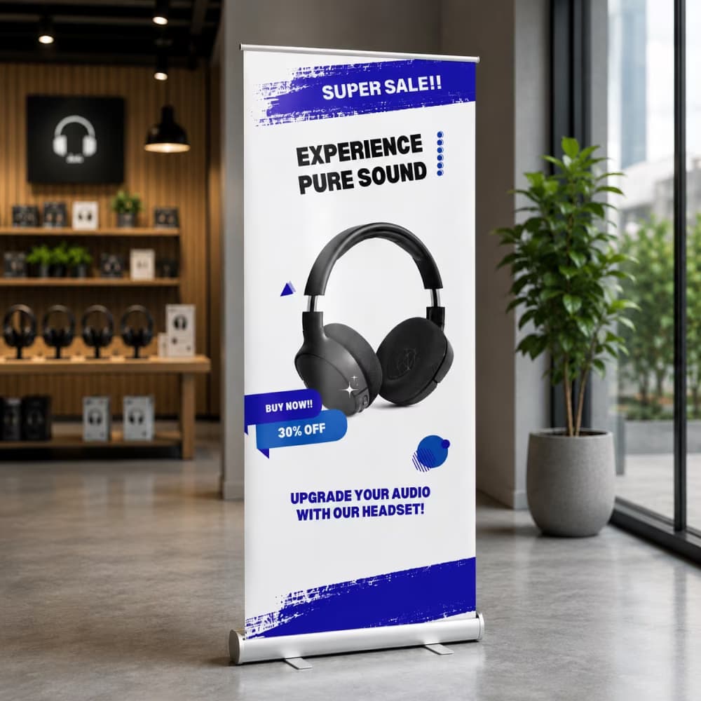 A blue and white roll-up banner advertising a headphone sale, standing on a concrete floor inside a modern electronics store.