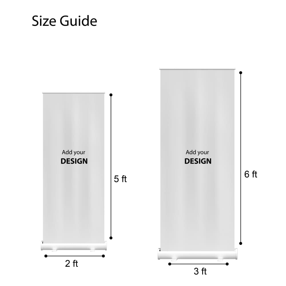 Roll-up banner size guide infographic comparing a small 2x5 ft standee side-by-side with a large 3x6 ft standee.