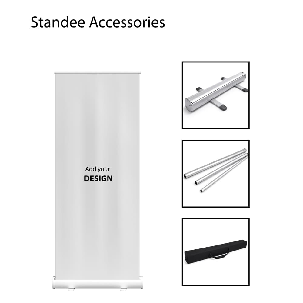 Infographic of a roll-up banner standee next to parts: a silver aluminum base, three support rods, and a black carrying case.