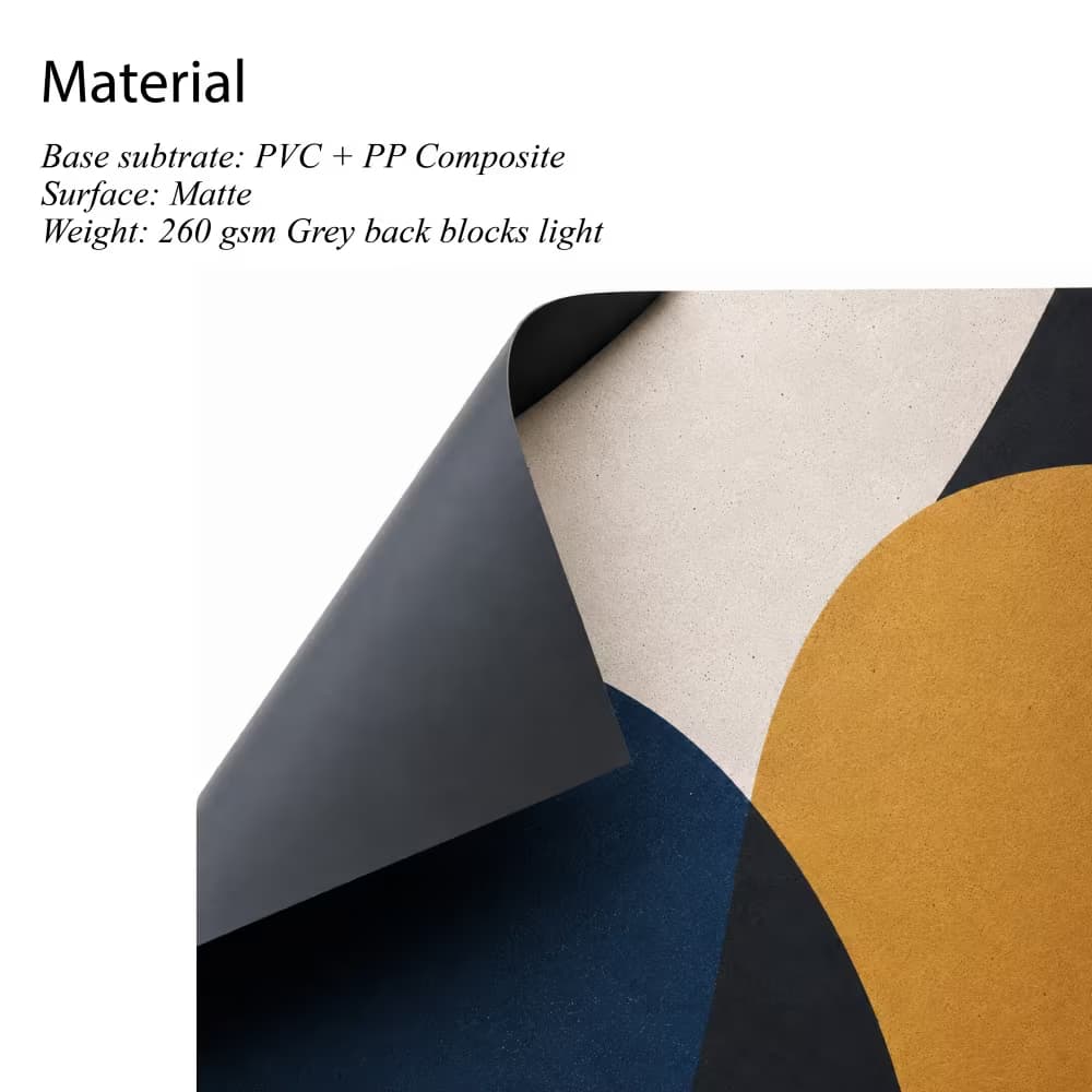 Material guide showing a smooth, matte roll-up banner sheet with a grey back that stops light from passing through.
