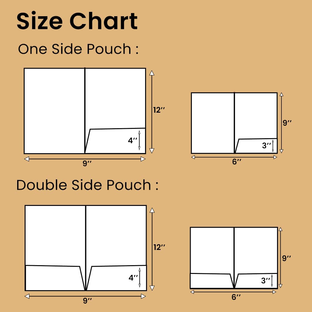 A size chart showcases Presentation Folders and custom presentation folders sizes in single and double pouch options.
