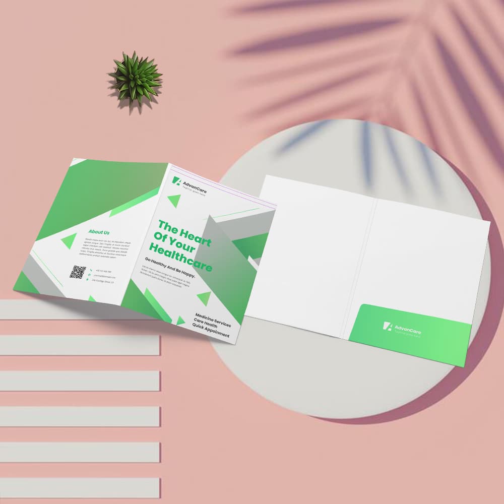 Custom corporate presentation folders mockup with pockets, displaying a green healthcare layout design.