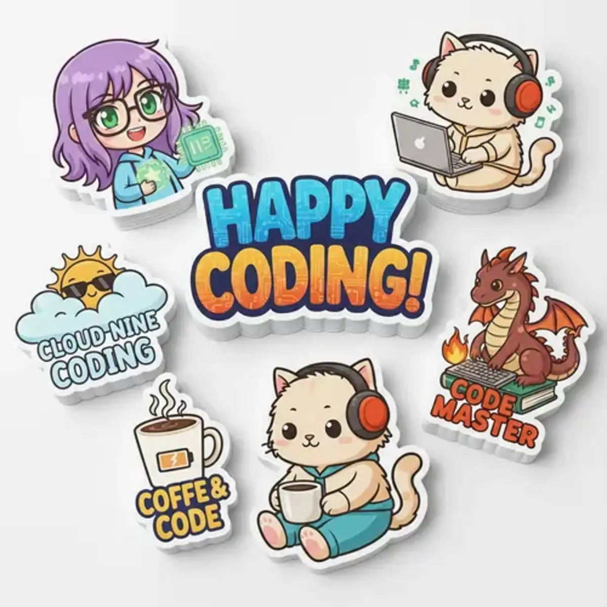 Custom vinyl stickers and custom vinyl decals featuring cute coding and cat themes around a "Happy Coding!" sign.