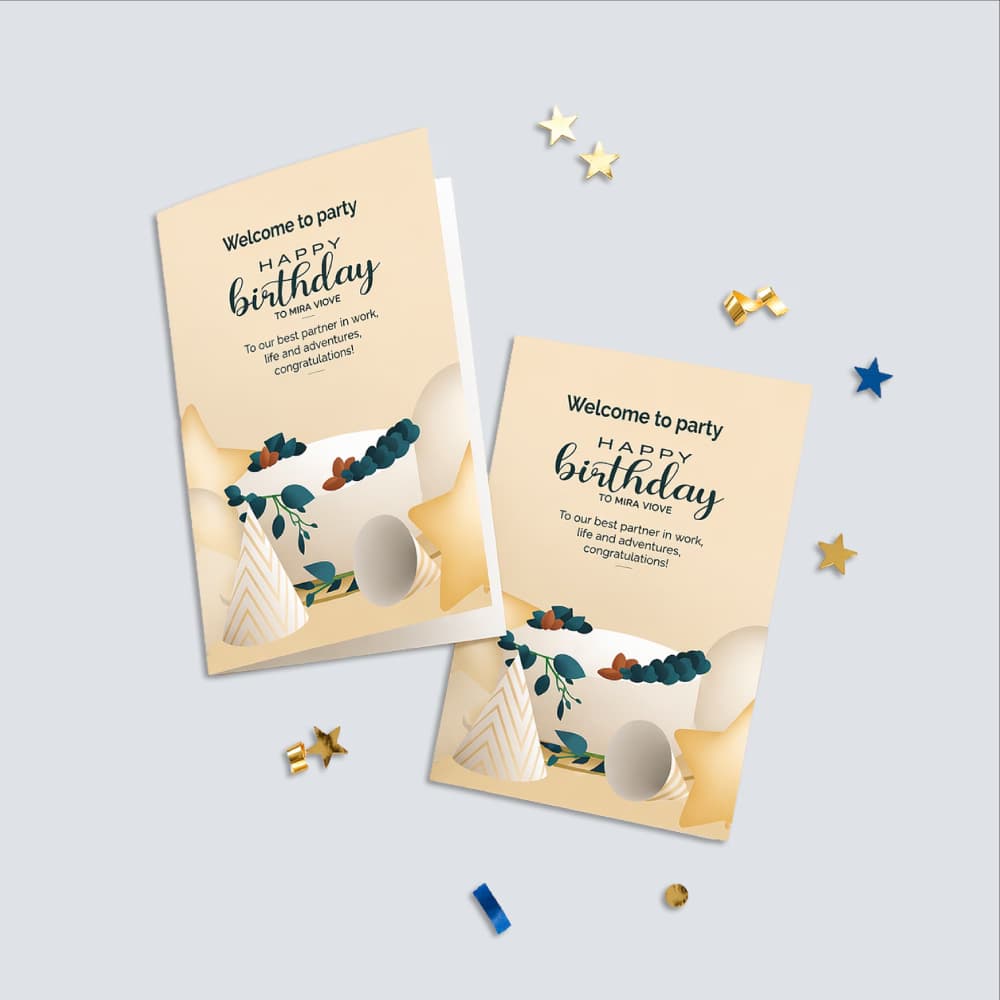 Two cream birthday cards with gold stars and blue confetti, featuring party hats and a botanical design.