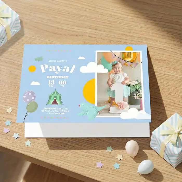 A blue sky-themed birthday card for Payal, featuring a baby photo, a circus tent, birds, and gift boxes.