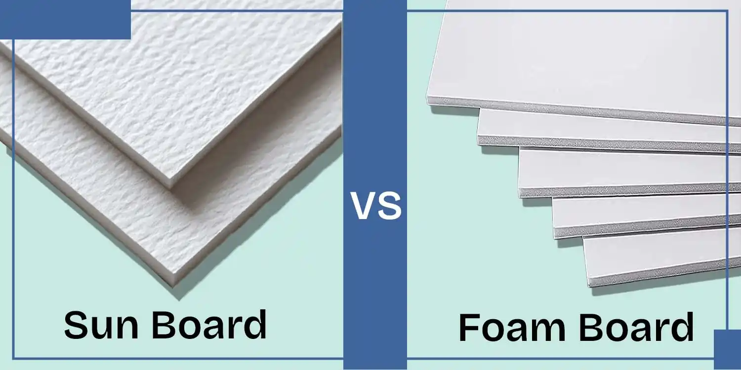 Gemini said Comparison of Sunboard vs. Foam Board showing textured Sunboard on the left and smooth, layered Foam Board on the right.