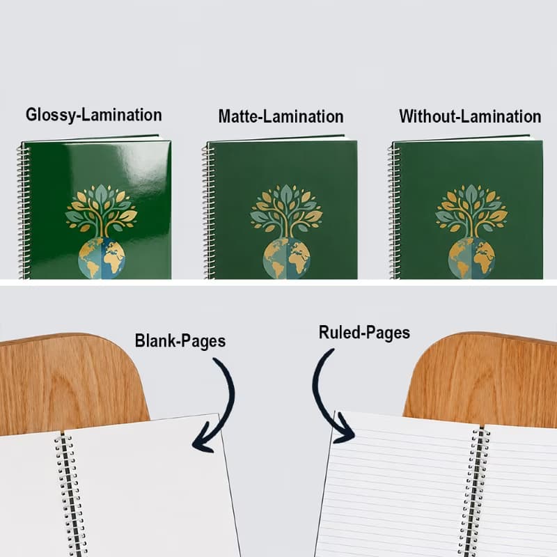 Custom spiral notebook guide showing cover options (glossy, matte, unlaminated) and inner page styles (blank vs ruled).