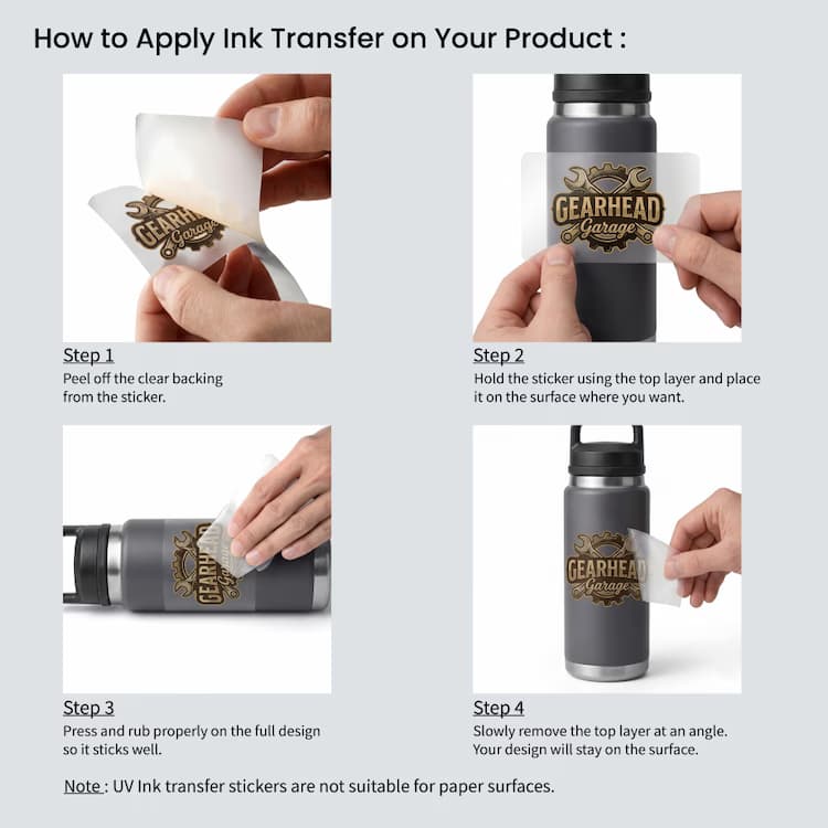 UV ink transfer sticker application steps showing how to peel place press and remove on bottle