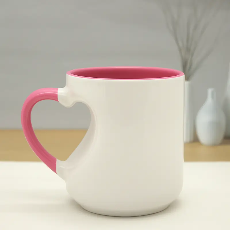 Pink ceramic Personalized Heart Cut Handle Printed Mugs