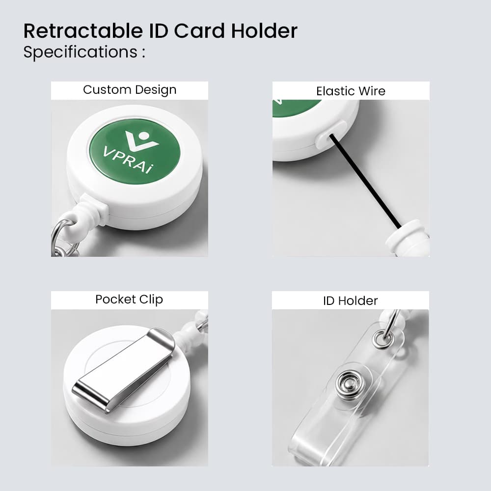 Infographic grid showing four features of a white retractable ID card holder: custom design, elastic wire, pocket clip, and ID holder.