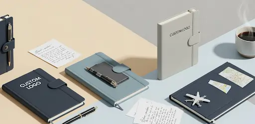 A visually appealing banner showcasing custom diaries with features like logo printing, pen holders, magnetic locks, and travel pockets, arranged on a soft pastel background with minimal stationery elements.