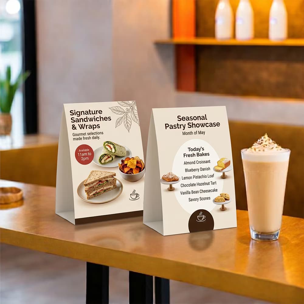 Two elegant Table Top Tent Cards displaying cafe menus on a wooden counter, showcasing professional tent card printing.