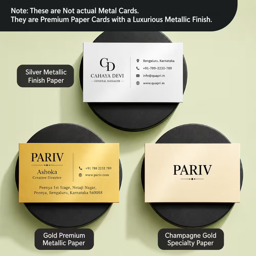metallic finish business cards in gold, silver, and champagne colors.