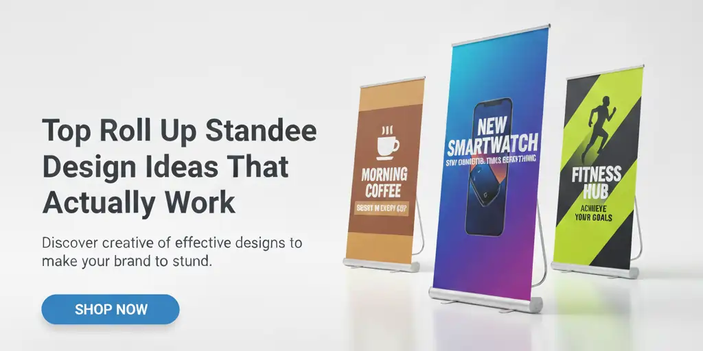 A banner showcasing three vertical roll-up standees for coffee, a smartwatch and fitness, with a "Shop Now" button on the left