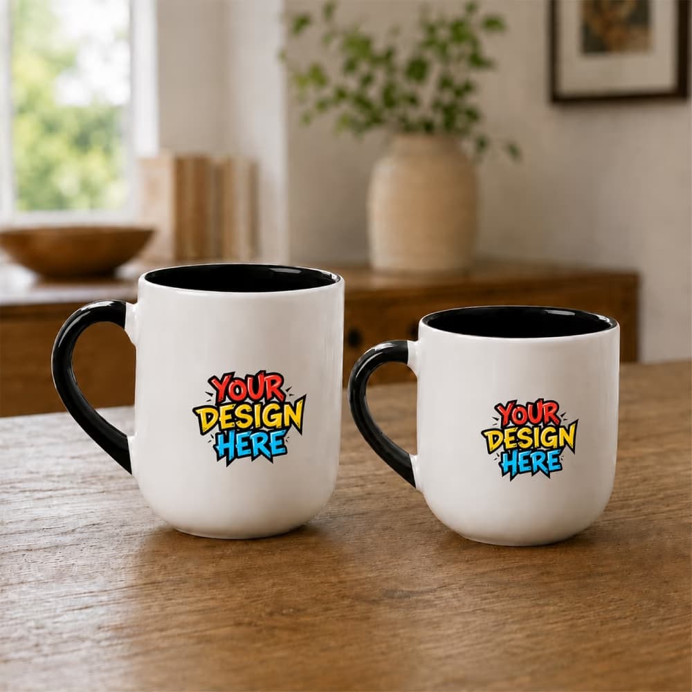 Two ceramic inner color mugs with black interiors and handles, displaying a custom design mockup on a wooden table.