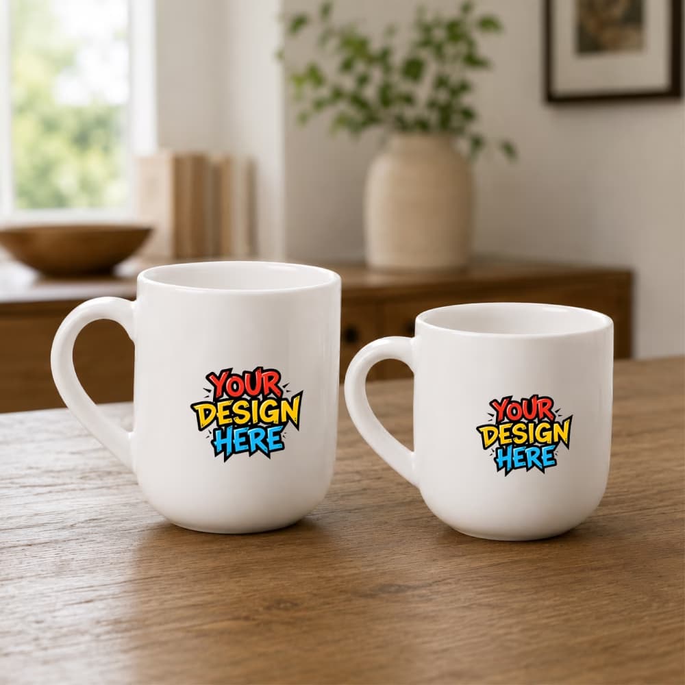 Two custom printed white ceramic mugs on a wooden table, displaying a "Your Design Here" graphic mockup.