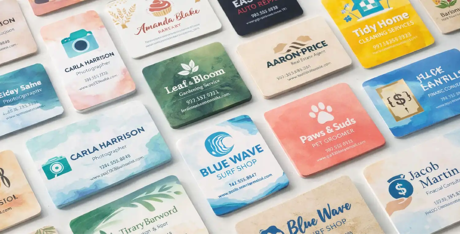 A collection of colorful custom-printed business cards with rounded corners, showcasing various professional designs in a standard business card size.