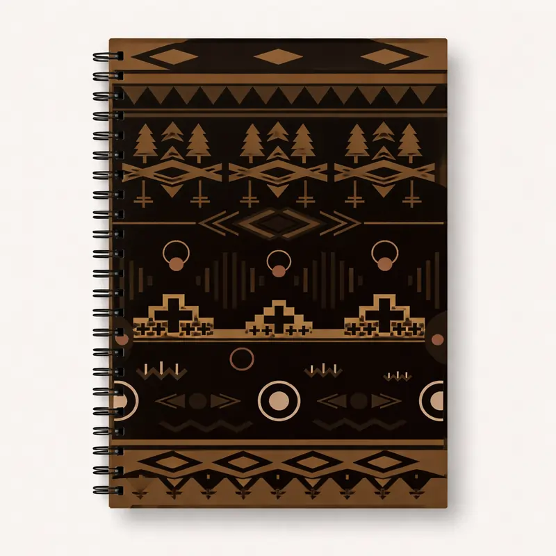 Capture your thoughts in this rustic, Kraft Personal Softcover Wiro Diary. Its earth-toned geometric patterns and pine tree motifs offer a grounded, soulful vibe.