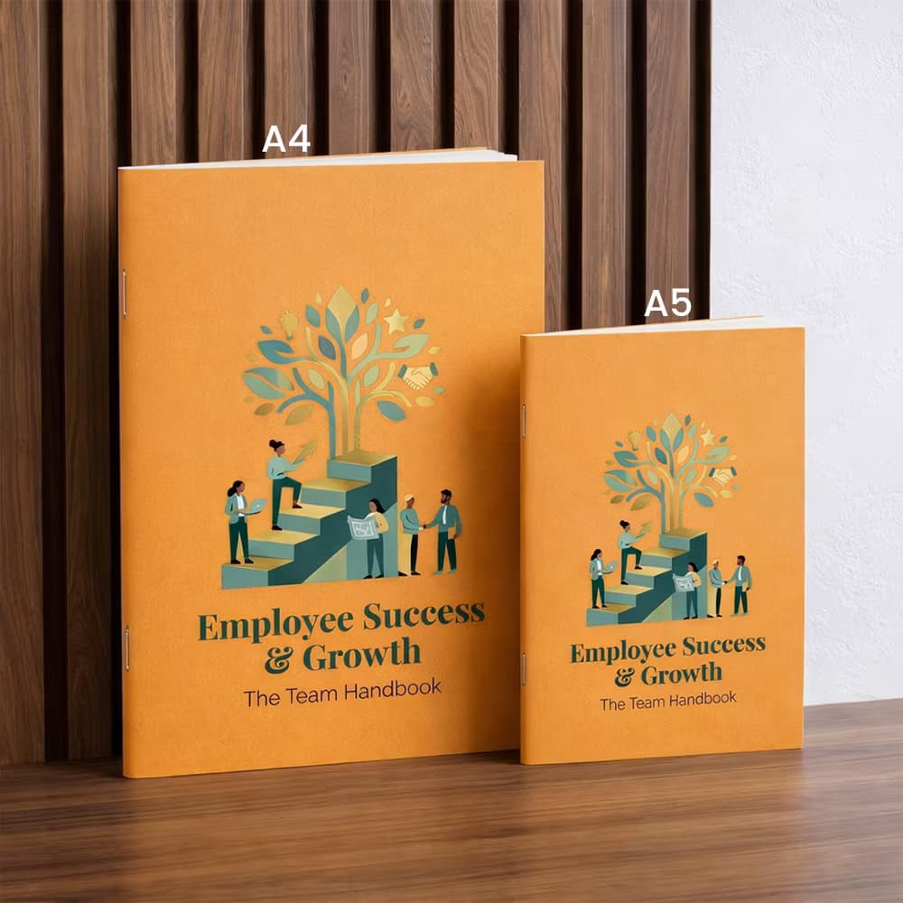 A4 and A5 yellow staple-bound handbooks titled "Employee Success & Growth" featuring a team and tree illustration.