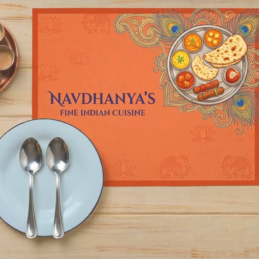 Orange placemat for Navdhanya's Fine Indian Cuisine with a thali illustration, placed on a wooden table beside a light blue plate and spoons.