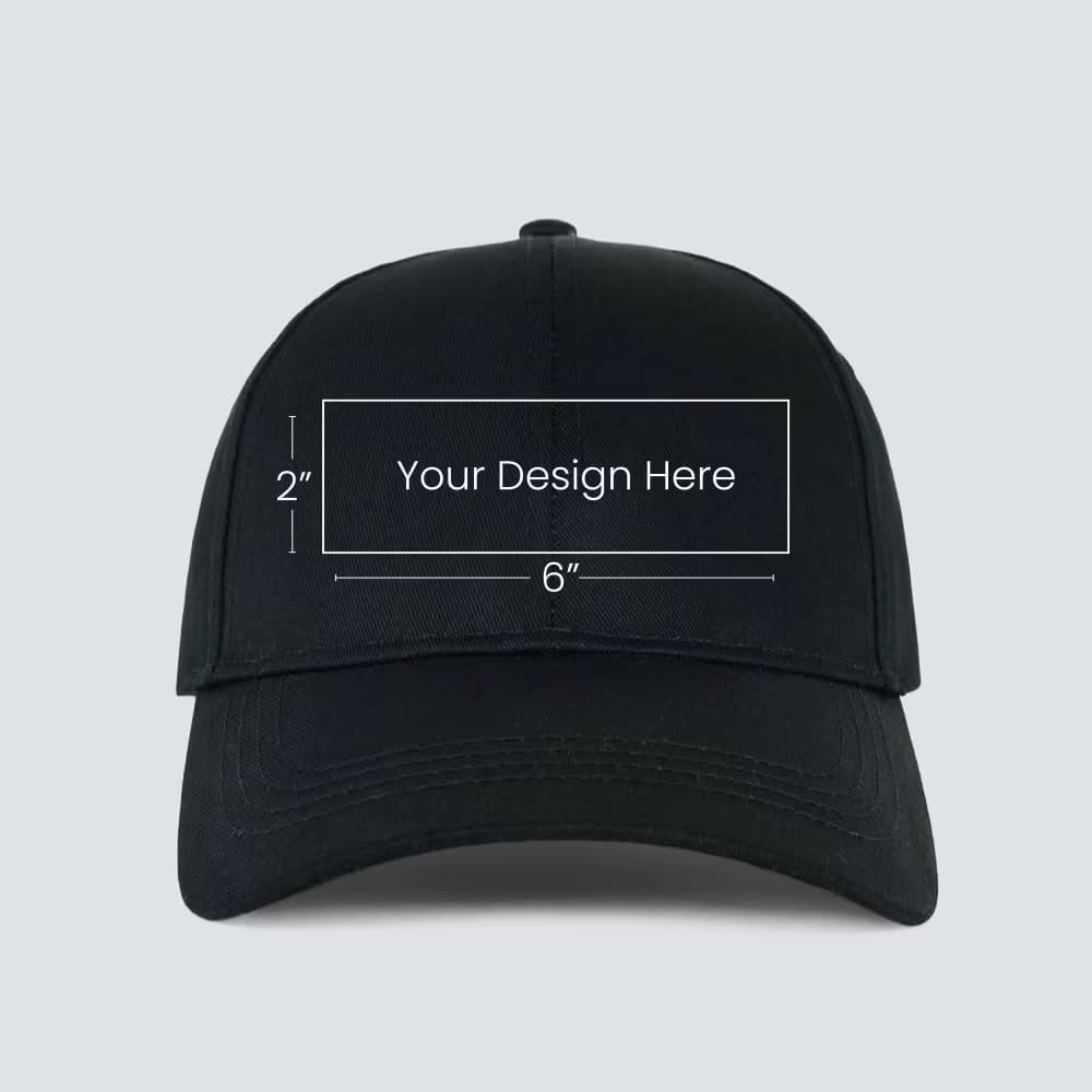 custom cap printing area size guide with 6 inch width and 2 inch height design placement