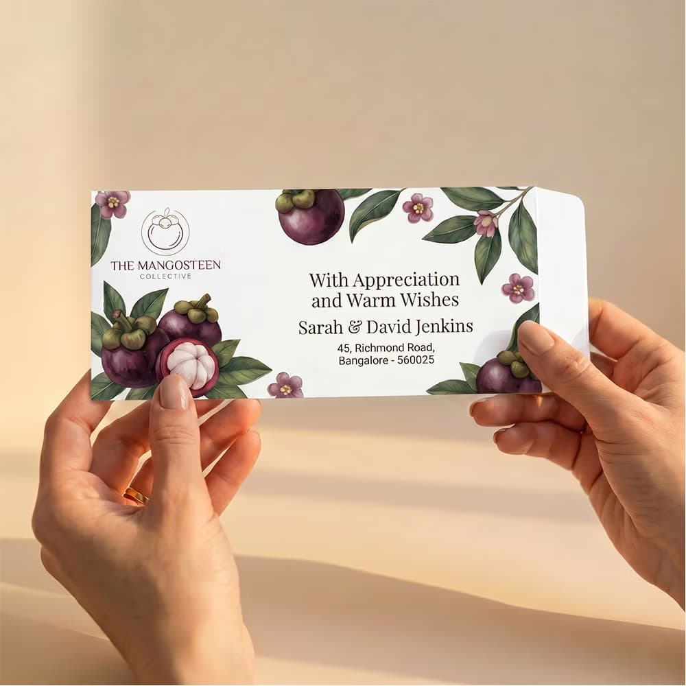 Hands holding a fully printed custom envelope with a soft beige background and floral design
