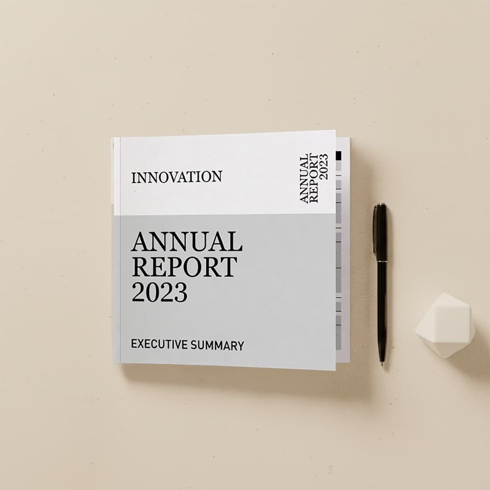 Front cover of a 2023 Innovation 6x6 booklet in grey and white, on a beige surface with a black pen and small geometric object.